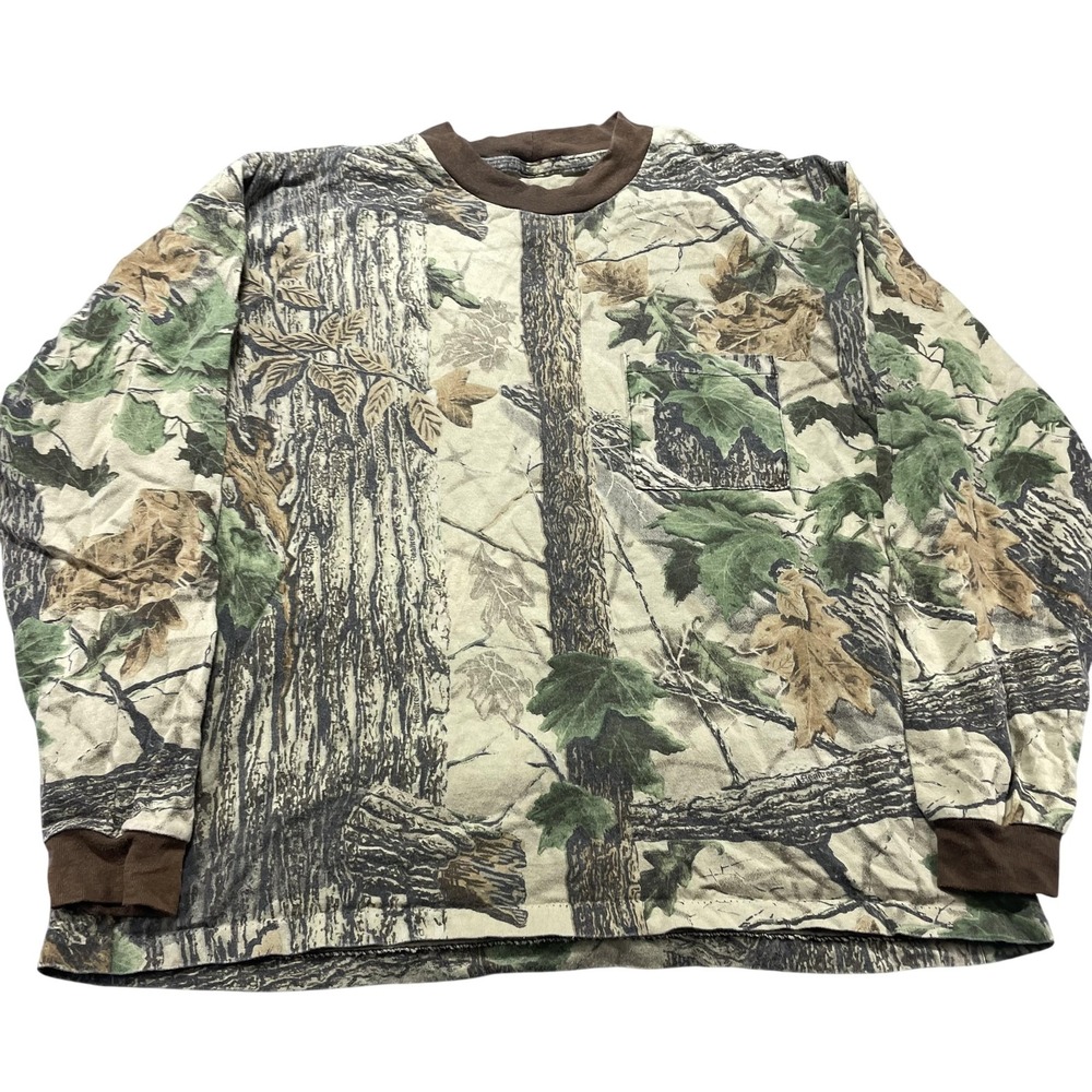 Vintage Realtree Shirt Mens Large Green Camo Long Sleeve Pocket Hunting Tee